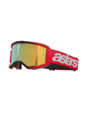 Masque Alpinestars Vision 5 Blaze, lunettes de motocross, monture et bandeau rouges avec écran miroir doré, logo astars blanc sur le côté, monture A-FLEX légère avec mousse faciale multicouche pour la course tout-terrain