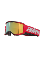 Masque Alpinestars Vision 5 Blaze, lunettes de motocross, monture et bandeau rouges avec écran miroir doré, logo astars blanc sur le côté, monture A-FLEX légère avec mousse faciale multicouche pour la course tout-terrain