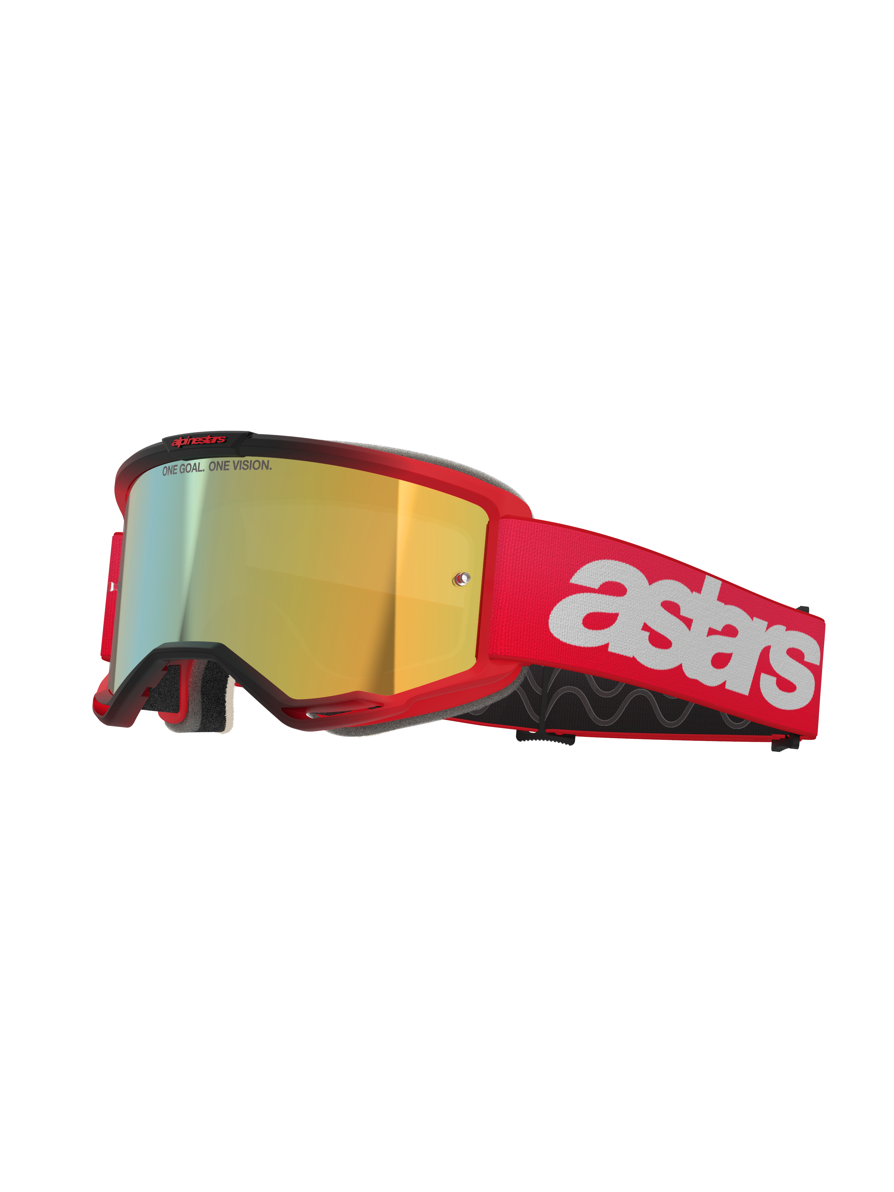 Masque Alpinestars Vision 5 Blaze, lunettes de motocross, monture et bandeau rouges avec écran miroir doré, logo astars blanc sur le côté, monture A-FLEX légère avec mousse faciale multicouche pour la course tout-terrain