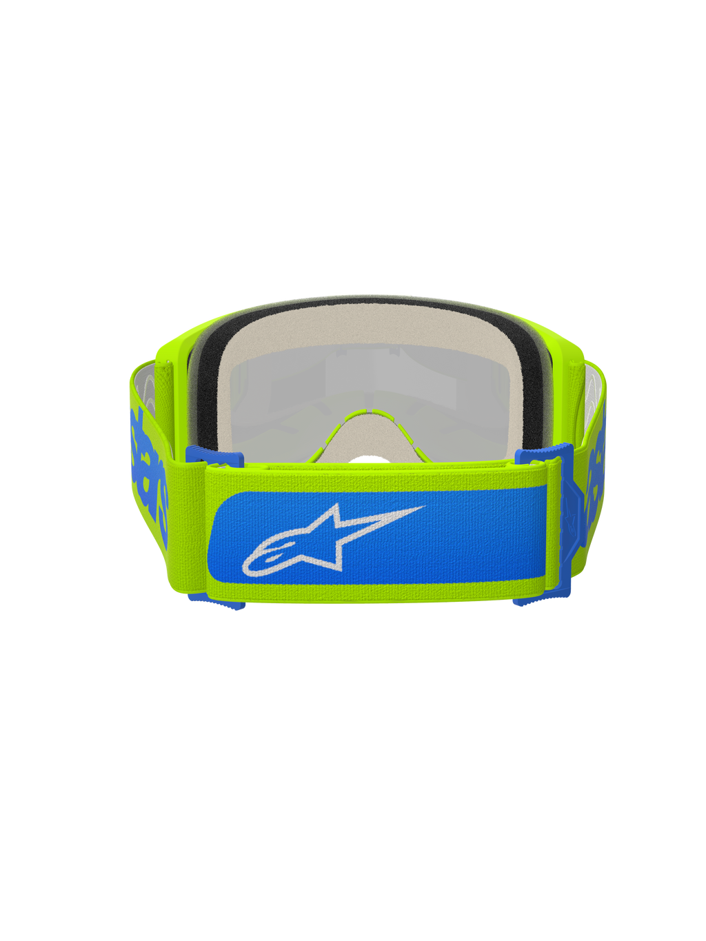 Alpinestars Vision 5 Blaze Goggles, Motocross Goggles, Fluo Yellow and Blue, rear view showing adjustable 45mm woven strap with blue accents and white Alpinestars logo, thick multi-layer face foam, designed for off-road racing