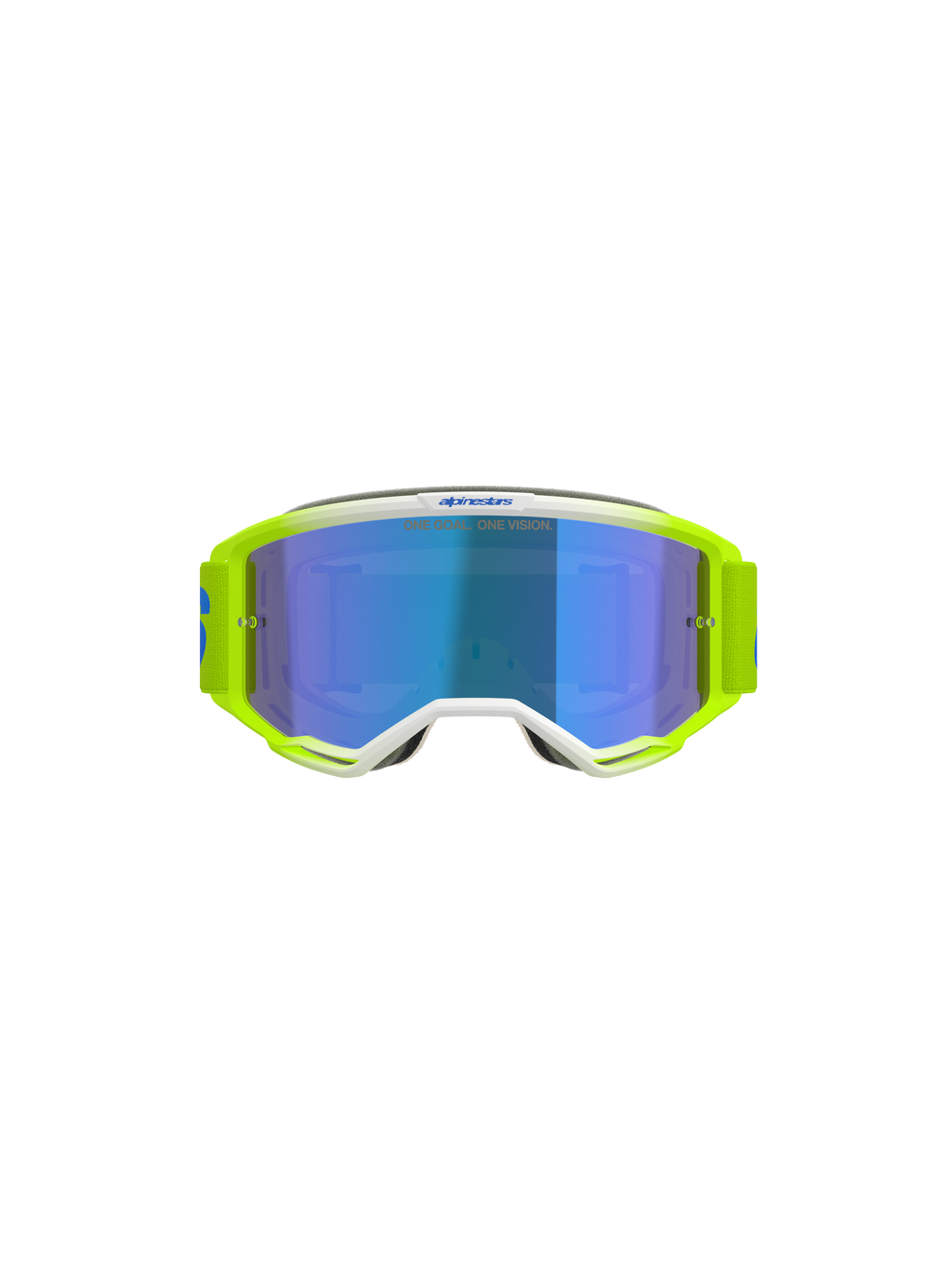 Alpinestars Vision 5 Blaze Goggles, Motocross Goggles, Fluo Yellow and Blue, featuring a Blue Mirror lens, white frame detailing, and a wide adjustable strap with Alpinestars branding, professional eye protection for off-road and motocross racing