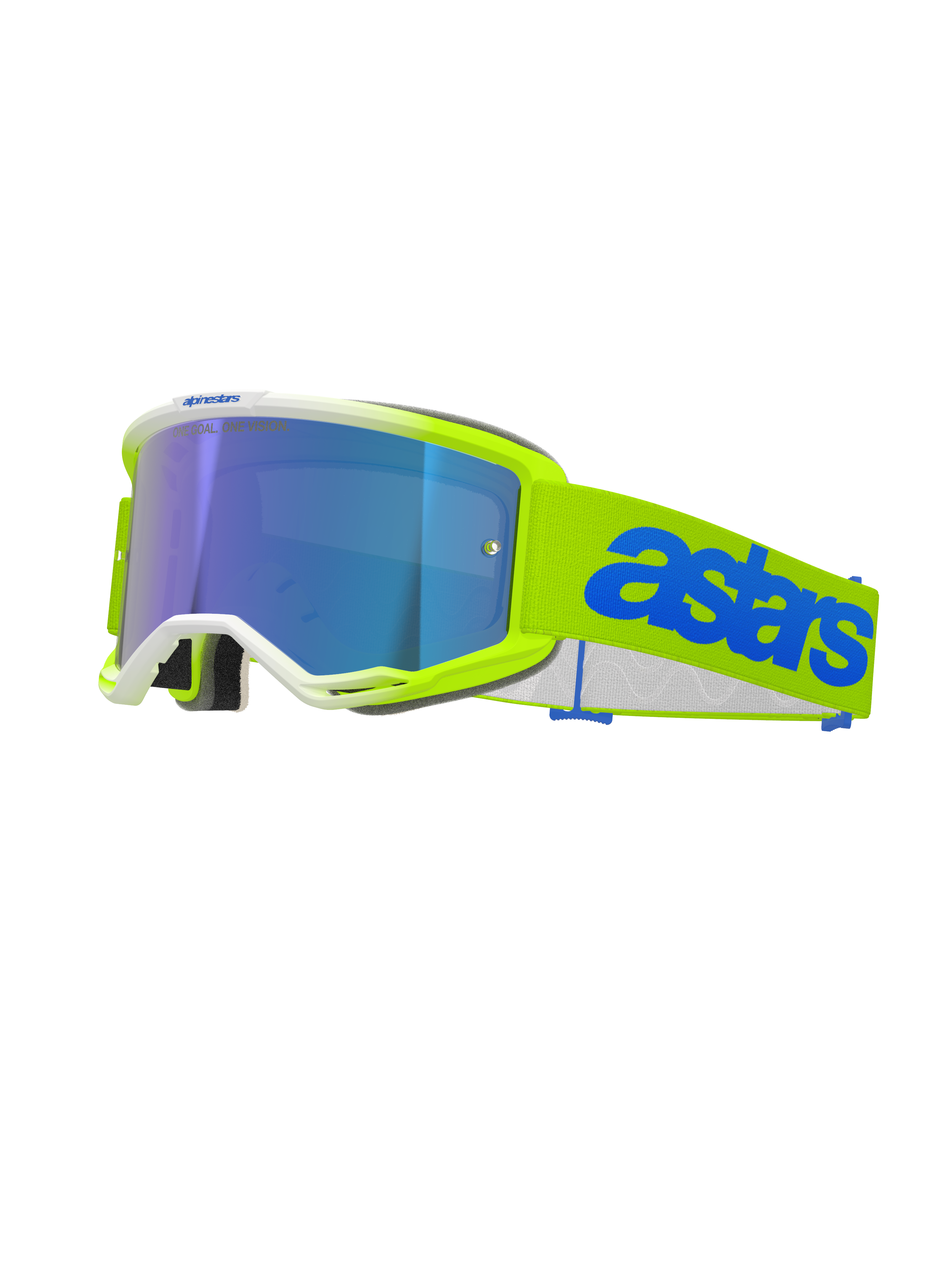 Alpinestars Vision 5 Blaze Goggles, Motocross Goggles, Fluo Yellow and Blue, featuring a blue mirror-tinted lens, neon yellow frame with white trim, adjustable strap with bold blue Astars branding, performance off-road racing eye protection