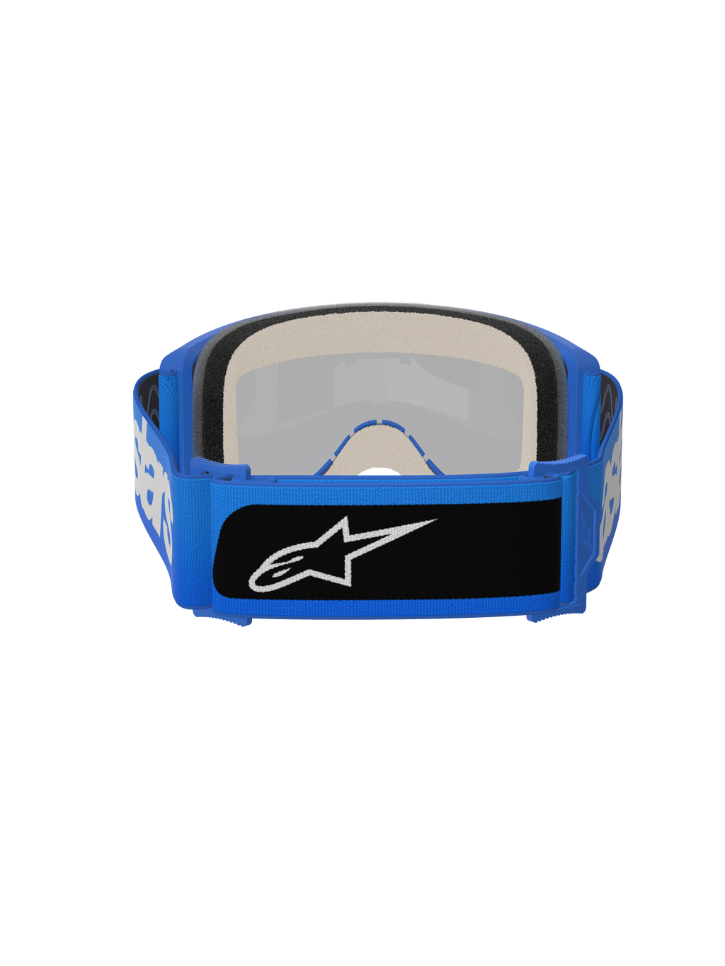 Masque Alpinestars Vision 5 Blaze, masque de motocross, bleu, vue arrière montrant une mousse faciale multicouche épaisse et une large sangle tissée bleue avec un logo noir, protection oculaire haute performance pour la conduite tout-terrain