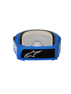 Masque Alpinestars Vision 5 Blaze, masque de motocross, bleu, vue arrière montrant une mousse faciale multicouche épaisse et une large sangle tissée bleue avec un logo noir, protection oculaire haute performance pour la conduite tout-terrain