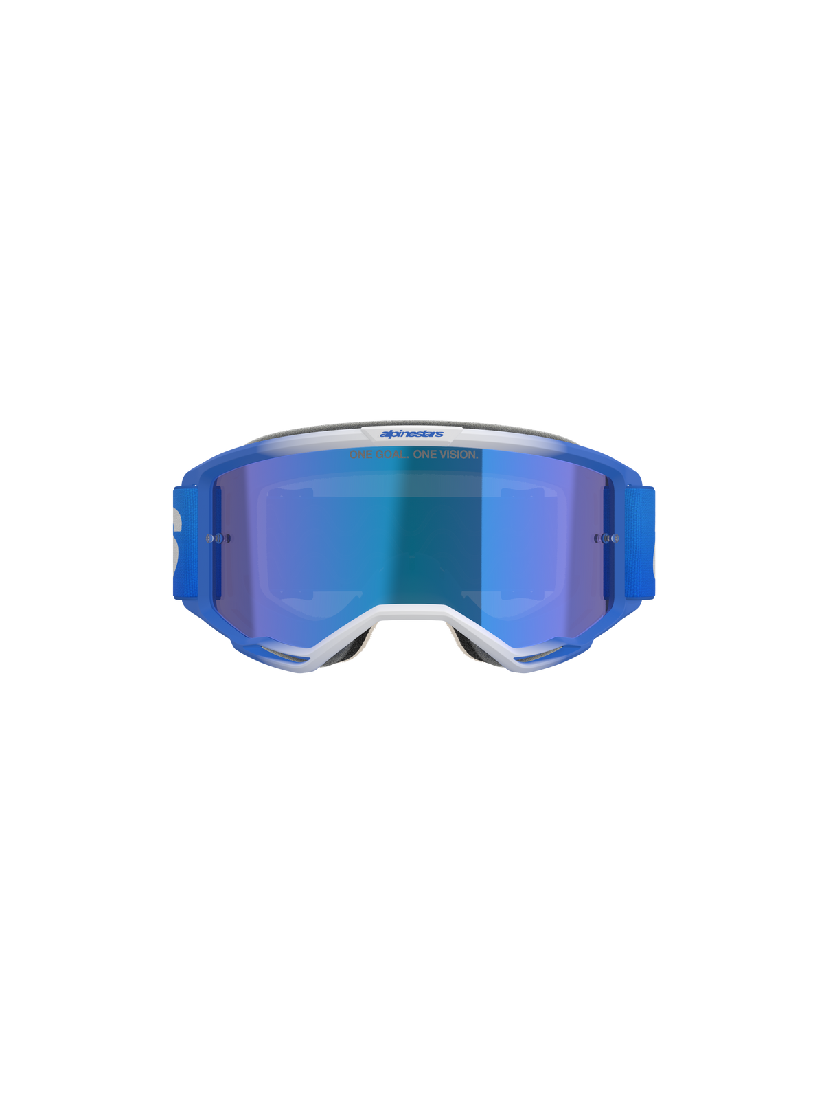 Masque Alpinestars Vision 5 Blaze, masque de motocross, bleu miroir bleu, vue de face présentant un cadre A-FLEX bleu et blanc avec écran miroir bleu et bandeau tissé bleu, protection oculaire professionnelle tout-terrain