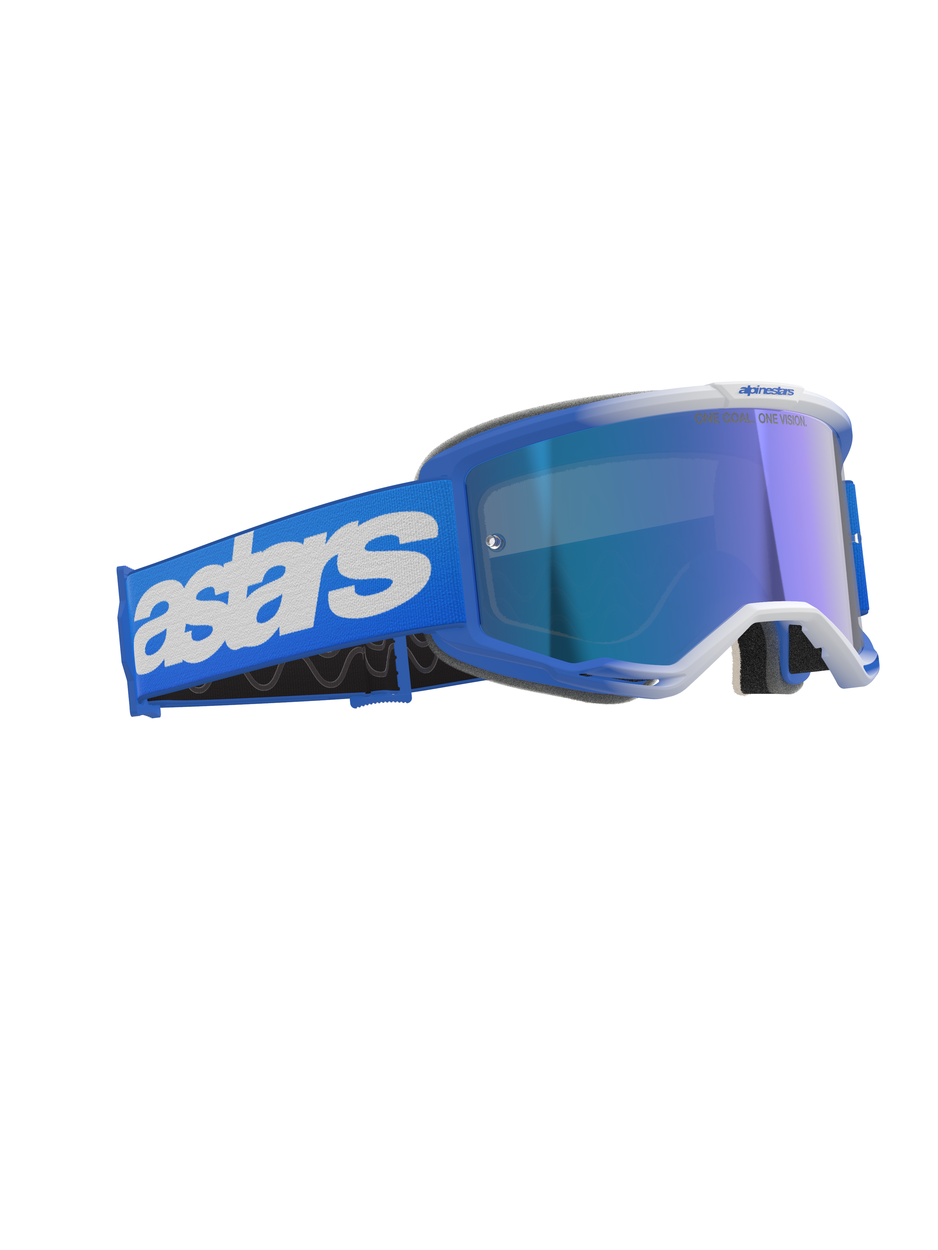 Alpinestars Vision 5 Blaze Goggles, masque de motocross, Blue Mirror Blue, doté d'une monture bleue et d'un écran miroir, large bandeau bleu avec logo Astars blanc, protection oculaire performante pour le tout-terrain