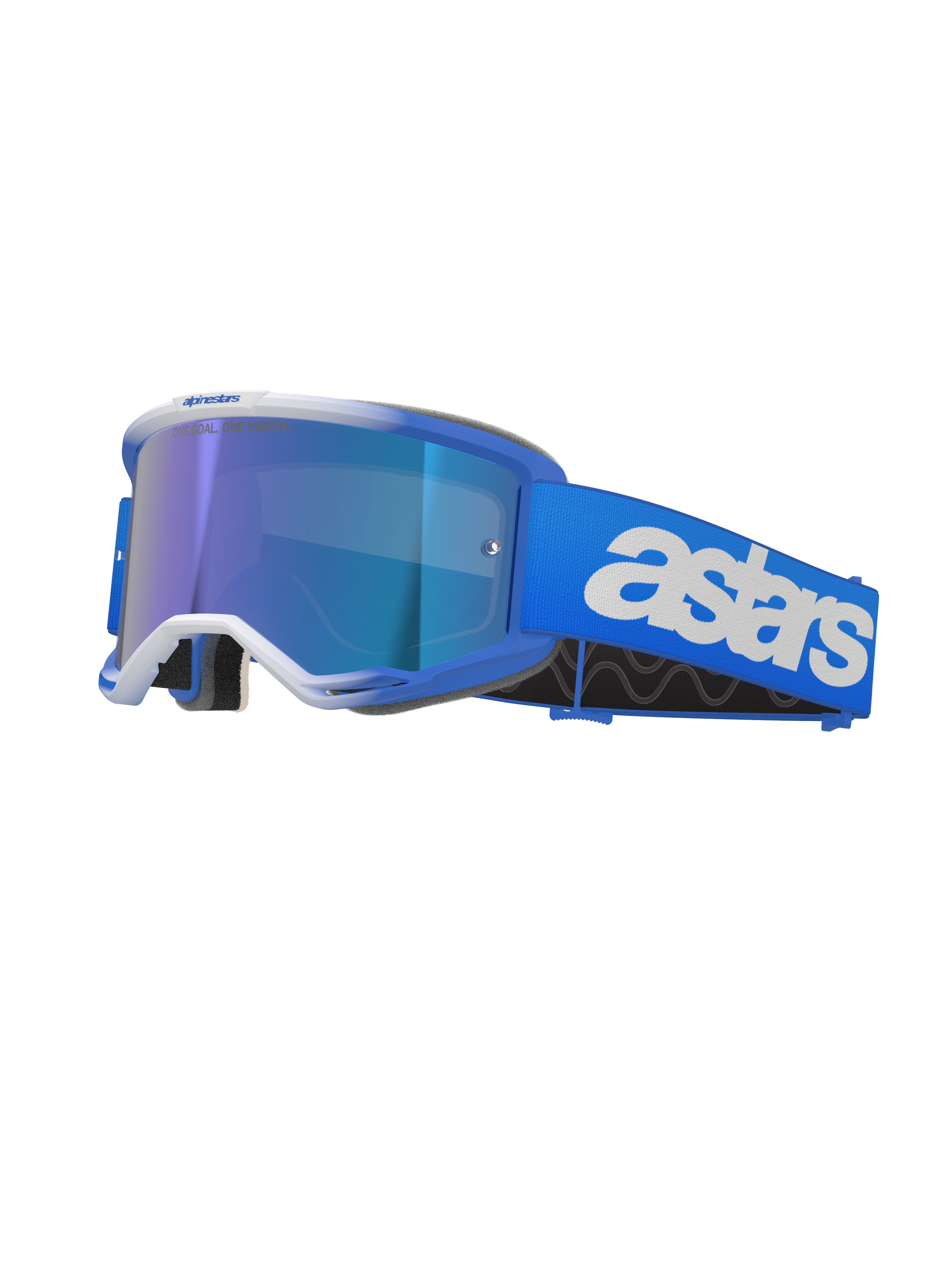 Lunettes Alpinestars Vision 5 Blaze, masque de motocross, bleu et blanc, avec écran miroir bleu réfléchissant, large sangle bleue avec logo astars blanc, monture incurvée avec accents blancs, rembourrage en mousse noire épaisse, lunettes de course tout-terrain professionnelles