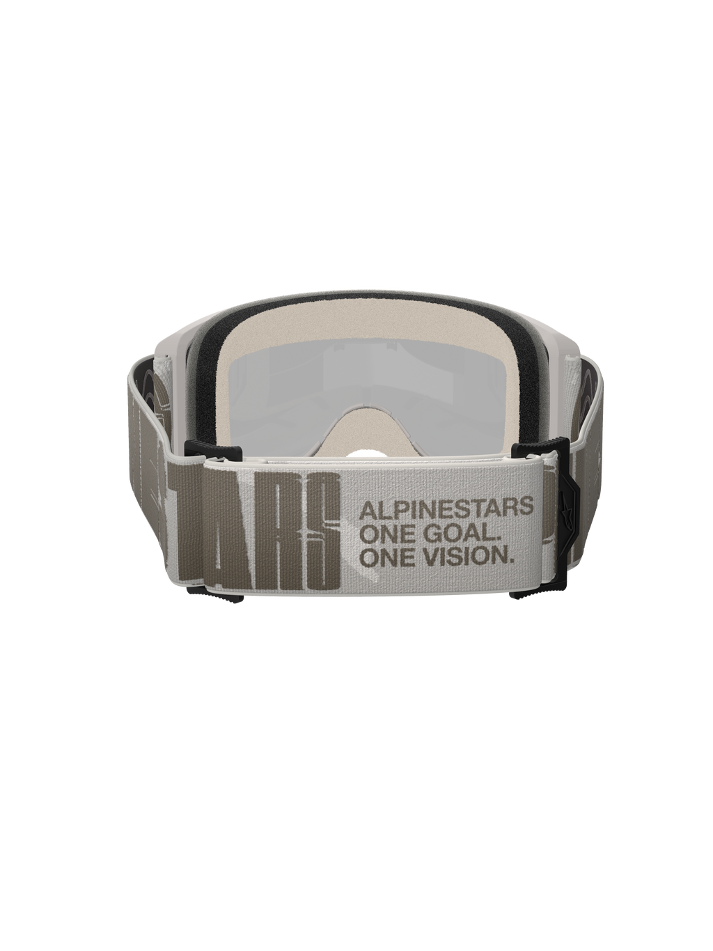 Masque Alpinestars Vision 5 Hollow, masque de motocross, blanc et gris clair, vue arrière présentant une large sangle tissée avec l'inscription 'ALPINESTARS ONE GOAL. ONE VISION.', mousse faciale multicouche épaisse, protection oculaire haute performance pour le tout-terrain