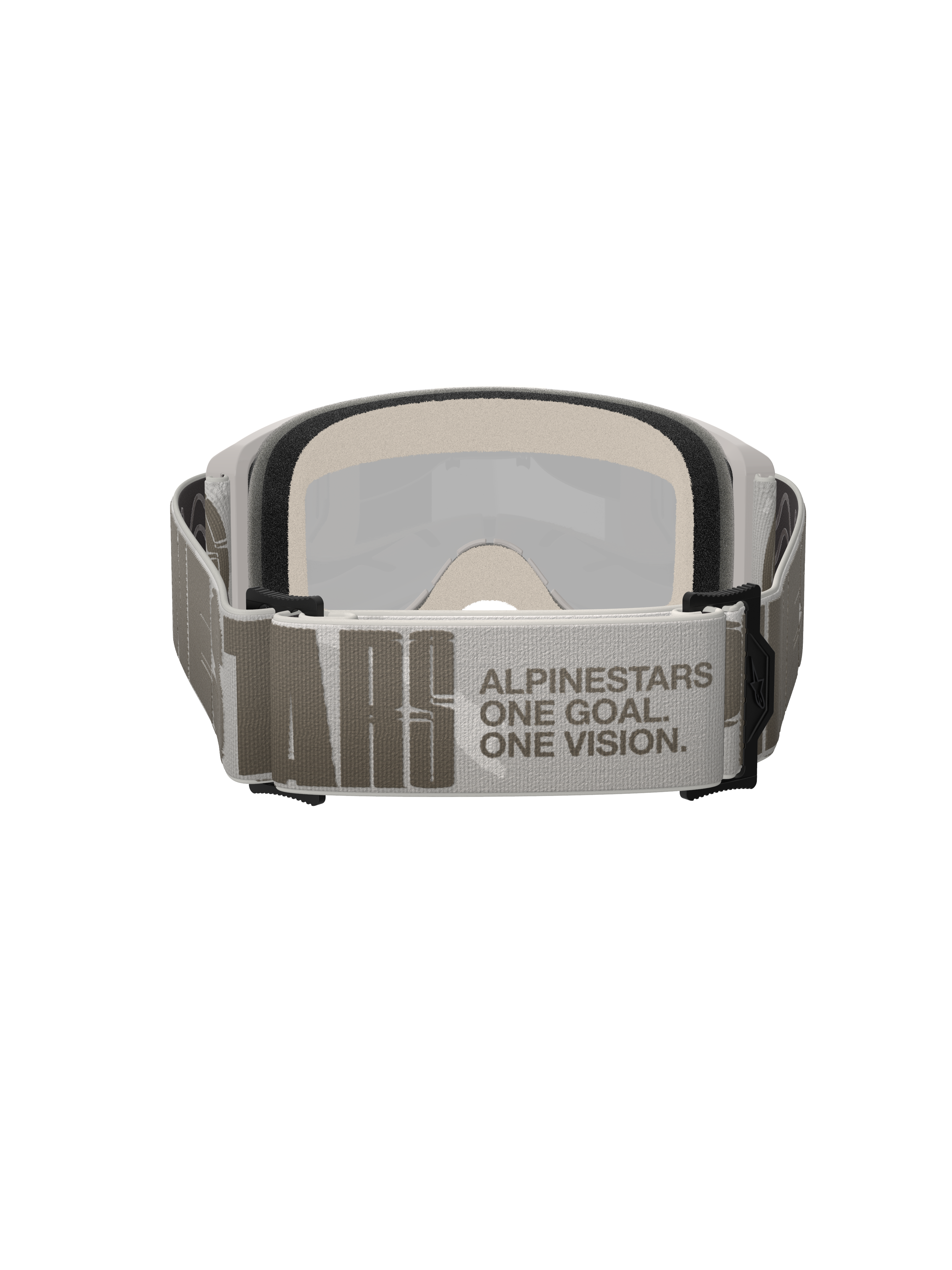 Masque Alpinestars Vision 5 Hollow, masque de motocross, blanc et gris clair, vue arrière présentant une large sangle tissée avec l'inscription 'ALPINESTARS ONE GOAL. ONE VISION.', mousse faciale multicouche épaisse, protection oculaire haute performance pour le tout-terrain