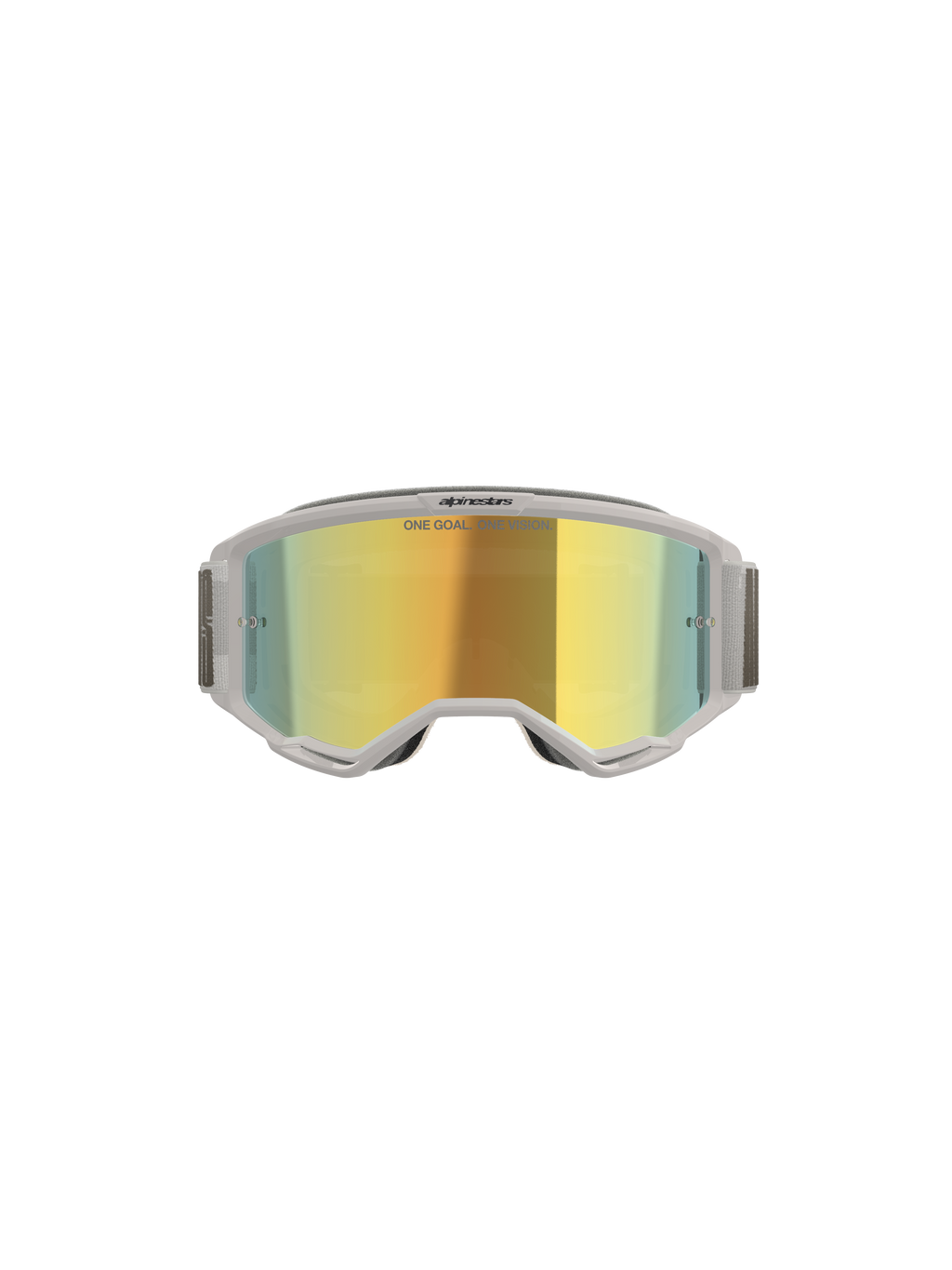 Masque Alpinestars Vision 5 Hollow, masque de motocross, blanc et Wind Mirror Gold, vue de face montrant l'écran en polycarbonate effet miroir, monture et bandeau flexibles gris clair, protection oculaire haut de gamme pour le motocross et le tout-terrain