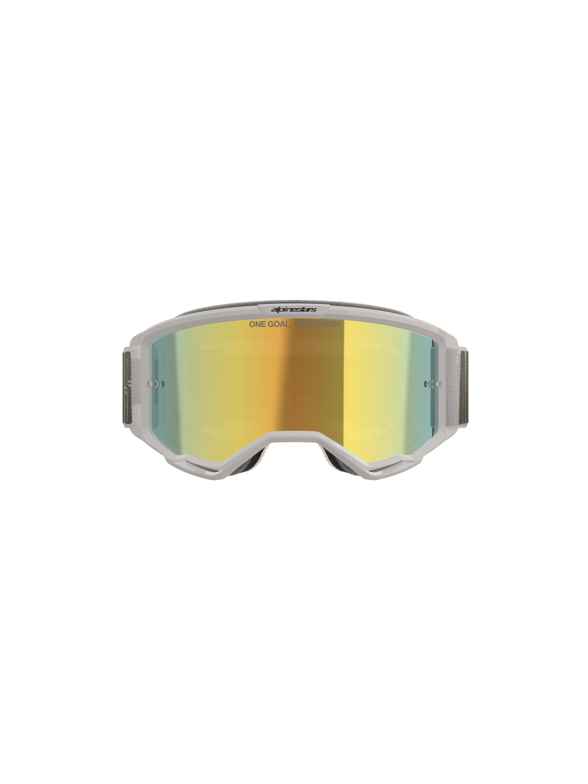 Masque Alpinestars Vision 5 Hollow, masque de motocross, blanc et Wind Mirror Gold, vue de face montrant l'écran en polycarbonate effet miroir, monture et bandeau flexibles gris clair, protection oculaire haut de gamme pour le motocross et le tout-terrain