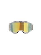 Masque Alpinestars Vision 5 Hollow, masque de motocross, blanc et Wind Mirror Gold, vue de face montrant l'écran en polycarbonate effet miroir, monture et bandeau flexibles gris clair, protection oculaire haut de gamme pour le motocross et le tout-terrain