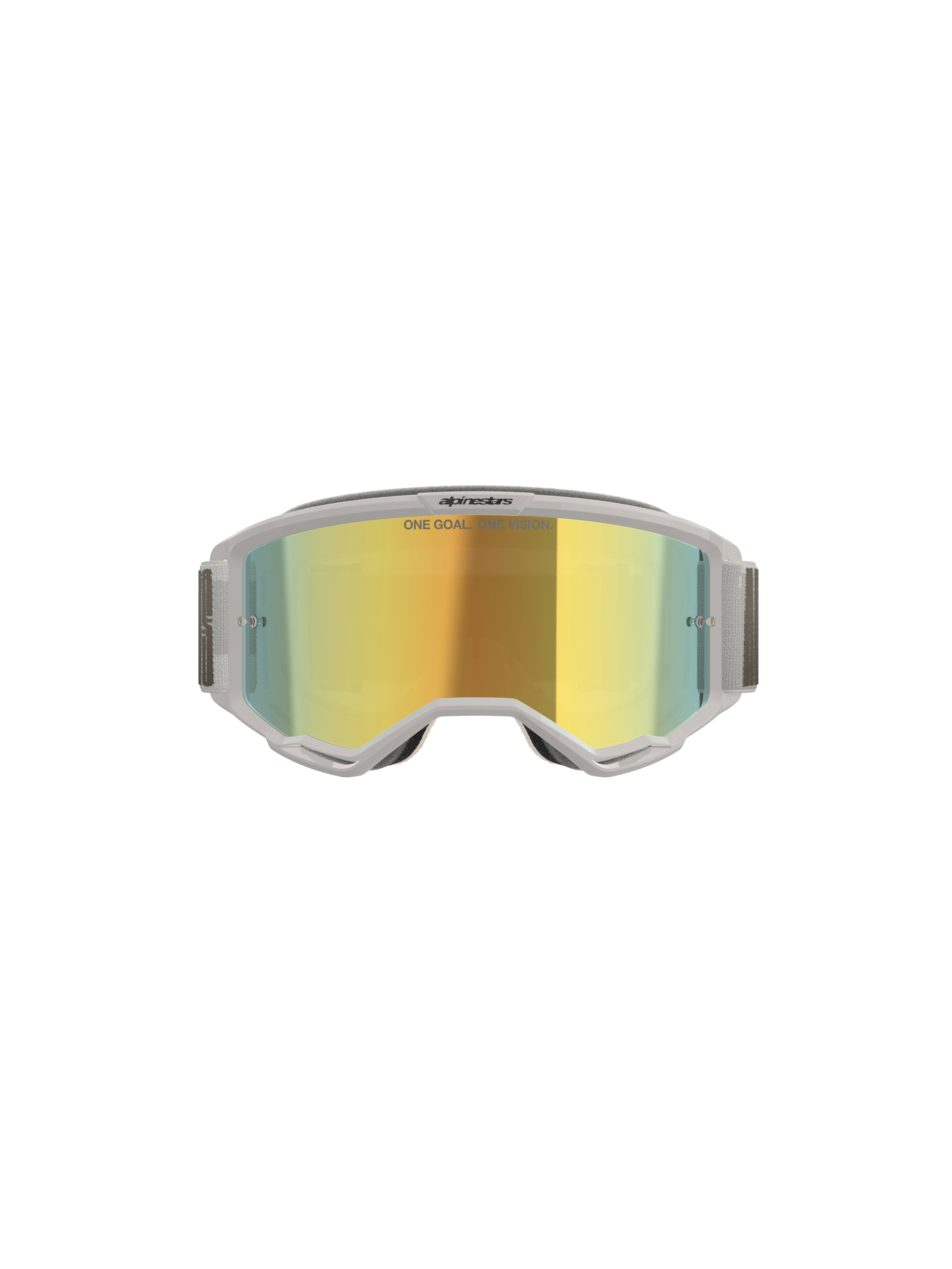 Masque Alpinestars Vision 5 Hollow, masque de motocross, blanc et Wind Mirror Gold, vue de face montrant l'écran en polycarbonate effet miroir, monture et bandeau flexibles gris clair, protection oculaire haut de gamme pour le motocross et le tout-terrain