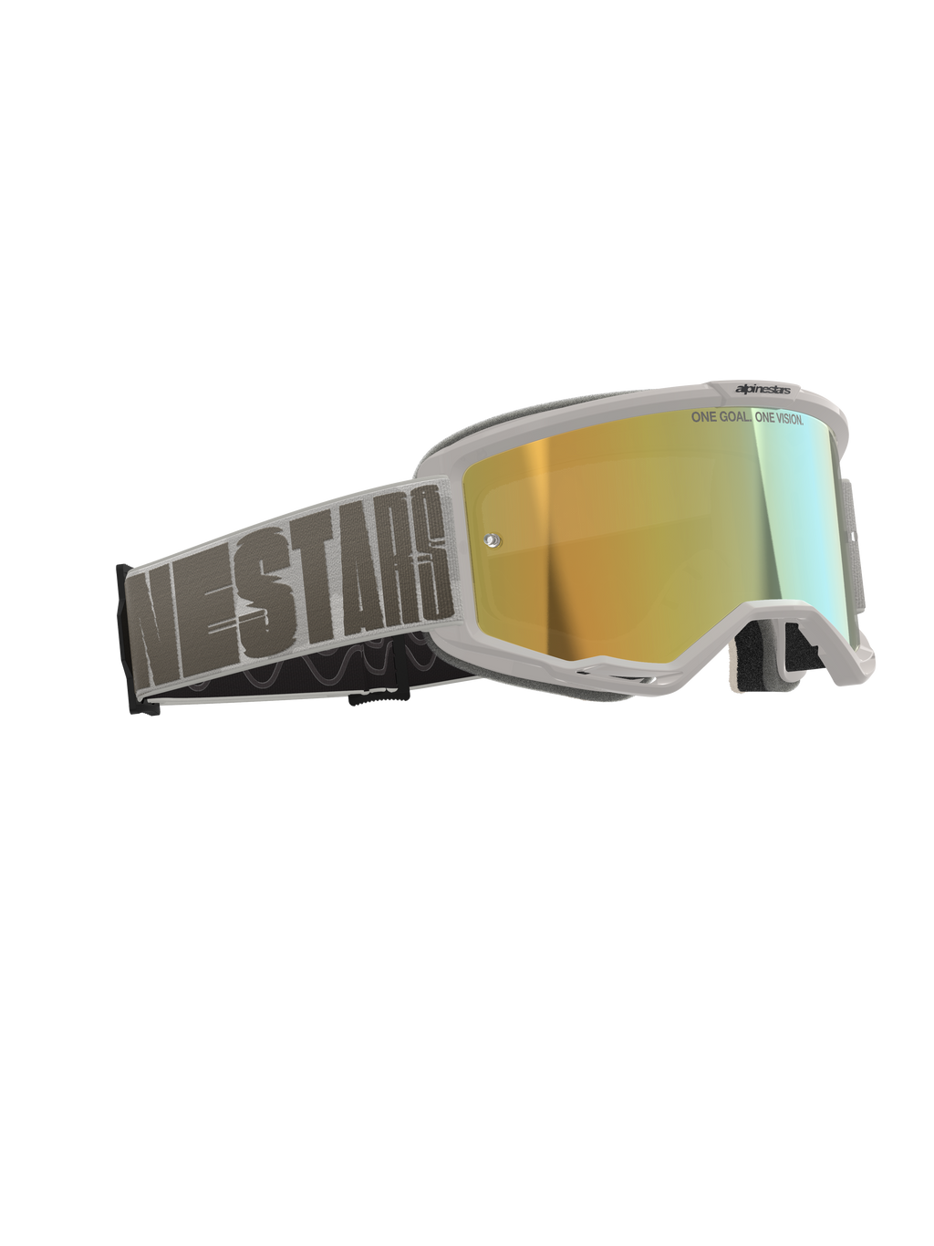 Masque Alpinestars Vision 5 Hollow, masque de motocross, monture blanche avec écran réfléchissant Wind Mirror Gold, bandeau tissé gris avec typographie Alpinestars imposante, texte « One Goal. One Vision. » sur l'écran, protection oculaire professionnelle pour le tout-terrain
