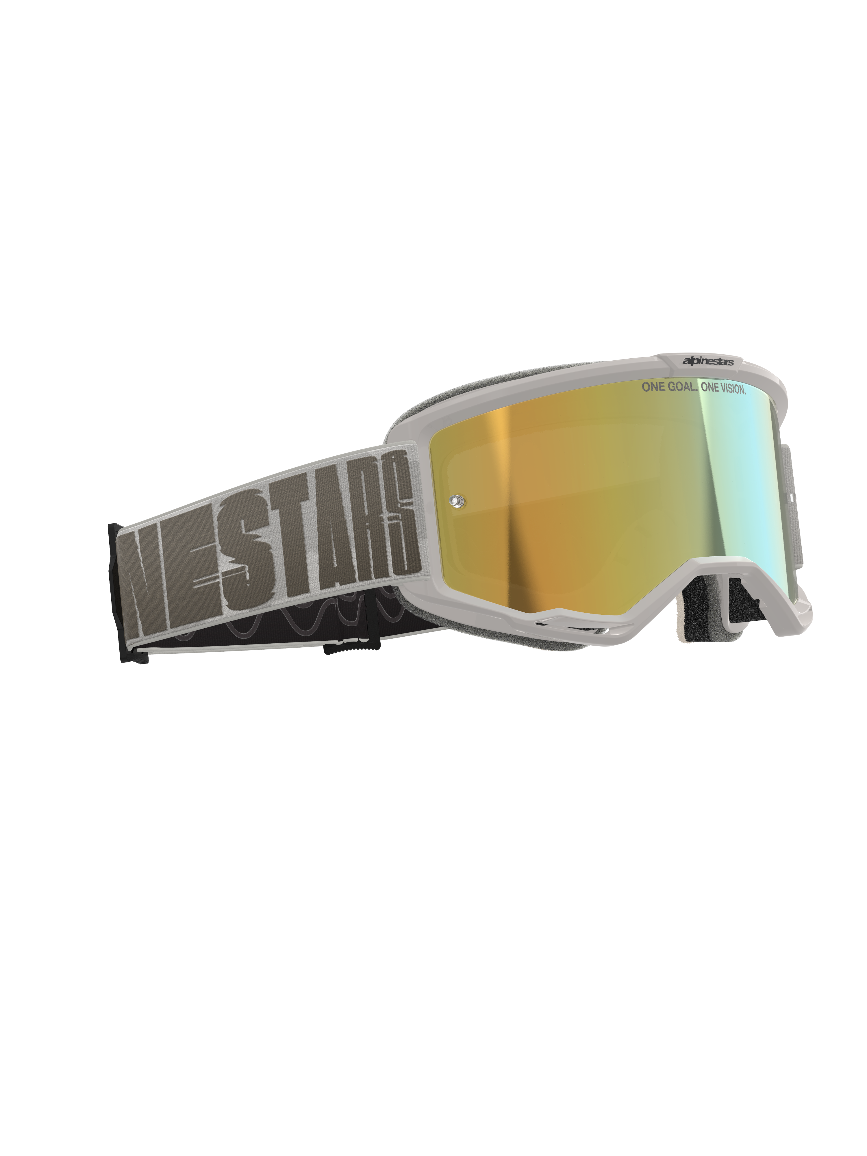 Masque Alpinestars Vision 5 Hollow, masque de motocross, monture blanche avec écran réfléchissant Wind Mirror Gold, bandeau tissé gris avec typographie Alpinestars imposante, texte « One Goal. One Vision. » sur l'écran, protection oculaire professionnelle pour le tout-terrain