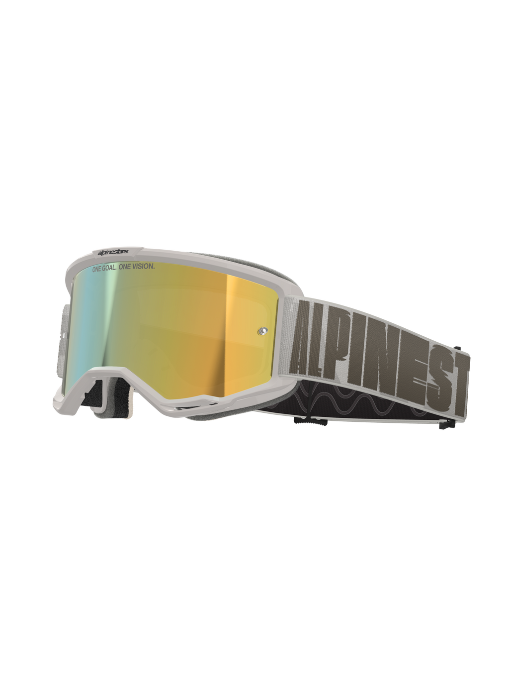 Masque Alpinestars Vision 5 Hollow, masque de motocross, monture blanche avec écran miroir doré Wind Mirror, bandeau tissé gris avec logo Alpinestars imposant, protection oculaire haute performance pour la course tout-terrain