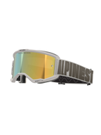 Masque Alpinestars Vision 5 Hollow, masque de motocross, monture blanche avec écran miroir doré Wind Mirror, bandeau tissé gris avec logo Alpinestars imposant, protection oculaire haute performance pour la course tout-terrain