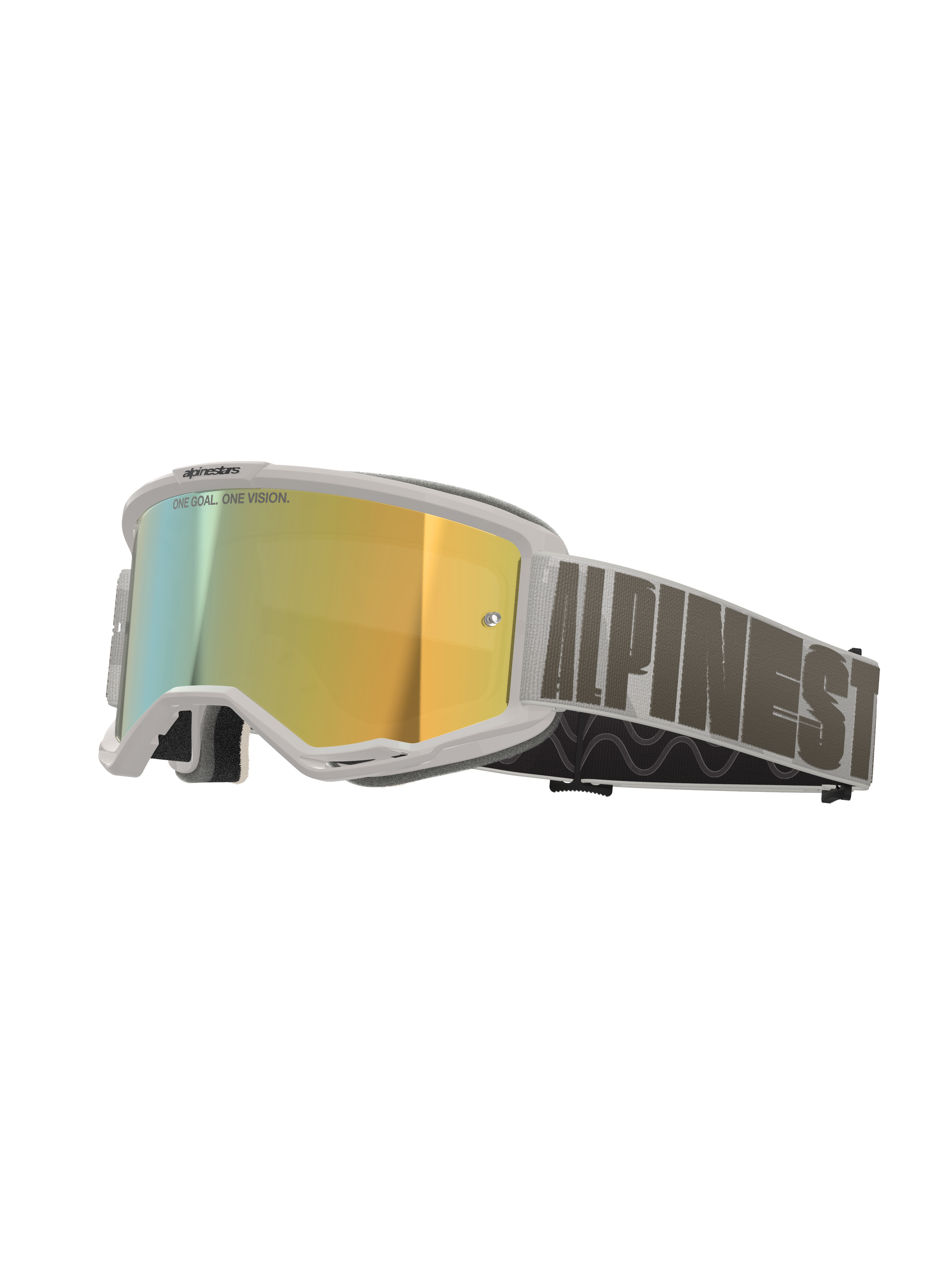Masque Alpinestars Vision 5 Hollow, masque de motocross, monture blanche avec écran miroir doré Wind Mirror, bandeau tissé gris avec logo Alpinestars imposant, protection oculaire haute performance pour la course tout-terrain