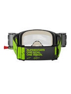 Alpinestars Vision 5 Hollow Goggles Roll Off, Motocross Goggles, Charcoal and Fluo Yellow, rear view of wide woven strap featuring 'ALPINESTARS ONE GOAL. ONE VISION.' slogan in neon yellow, thick multi-layer face foam, roll-off system canisters