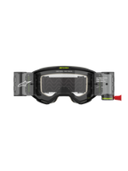 Alpinestars Vision 5 Hollow Goggles Roll Off, Motocross Goggles, Charcoal and Fluo Yellow, featuring a clear roll-off lens system with translucent canisters, red pull tab, white branding and "ONE GOAL. ONE VISION." text, designed for off-road racing