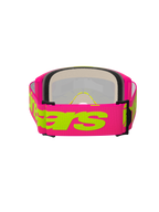 Masque Alpinestars Vision 5 Wordmark, masque de motocross, rose et jaune fluo, vue arrière mettant en évidence la large sangle tissée rose avec le logo Alpinestars jaune, mousse faciale multicouche et monture en uréthane légère
