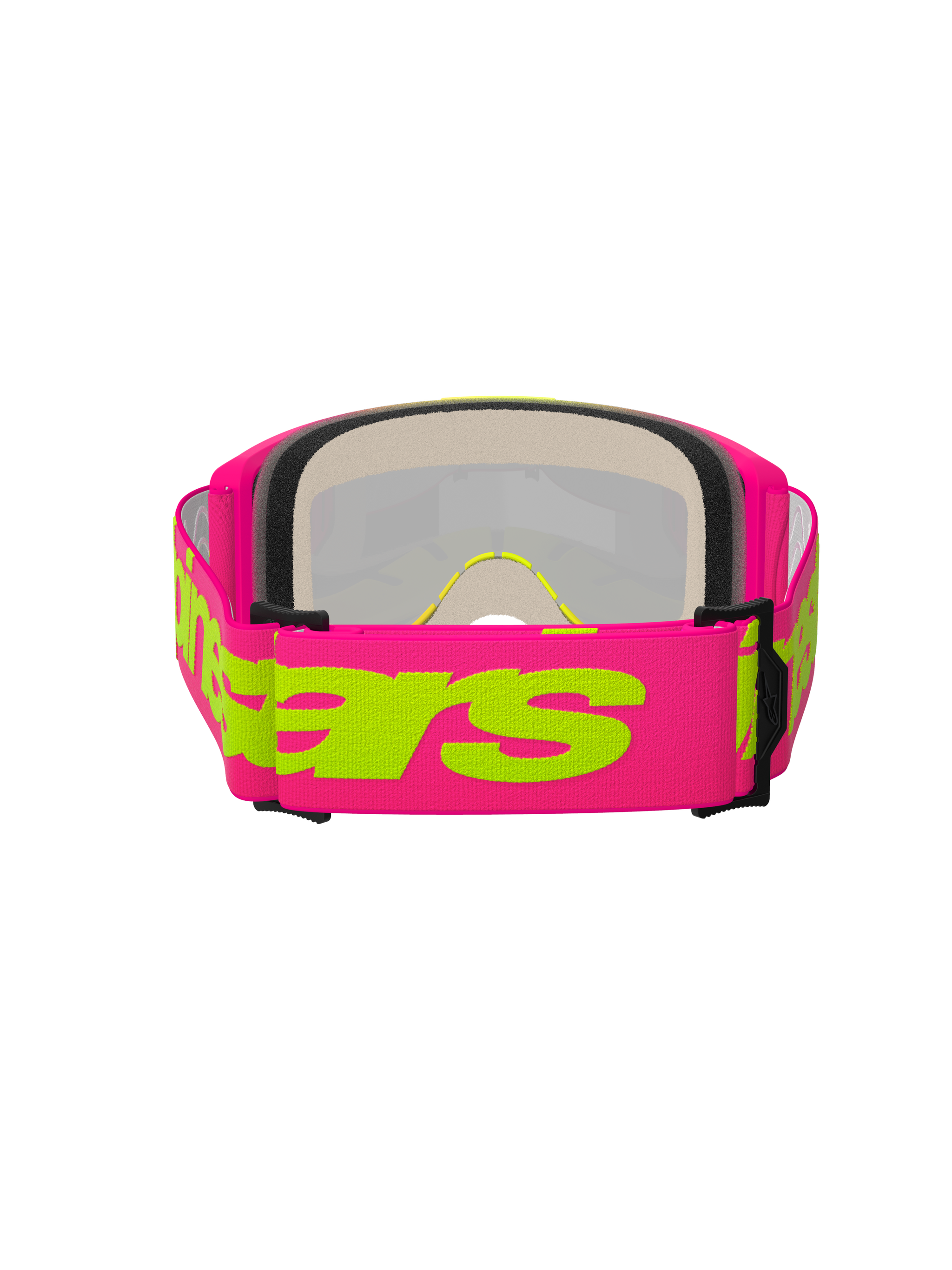 Masque Alpinestars Vision 5 Wordmark, masque de motocross, rose et jaune fluo, vue arrière mettant en évidence la large sangle tissée rose avec le logo Alpinestars jaune, mousse faciale multicouche et monture en uréthane légère