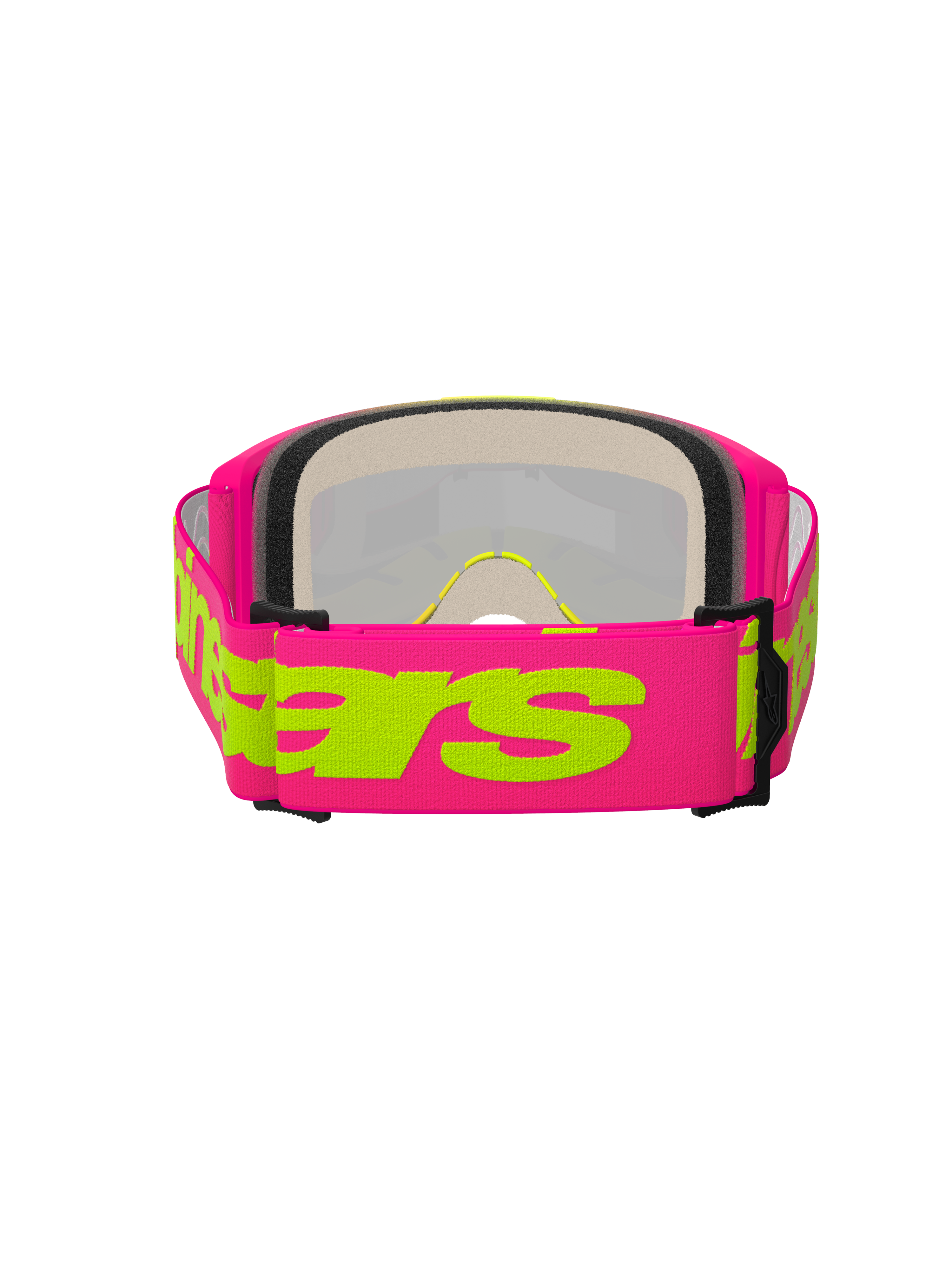 Masque Alpinestars Vision 5 Wordmark, masque de motocross, rose et jaune fluo, vue arrière mettant en évidence la large sangle tissée rose avec le logo Alpinestars jaune, mousse faciale multicouche et monture en uréthane légère