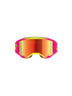 Masque Alpinestars Vision 5 Wordmark, masque de motocross, monture rose et jaune fluo avec écran miroir rouge, arborant un marquage audacieux et le texte « One Goal. One Vision. » sur l'écran, protection oculaire tout-terrain haute performance