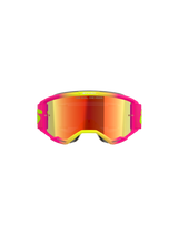 Masque Alpinestars Vision 5 Wordmark, masque de motocross, monture rose et jaune fluo avec écran miroir rouge, arborant un marquage audacieux et le texte « One Goal. One Vision. » sur l'écran, protection oculaire tout-terrain haute performance