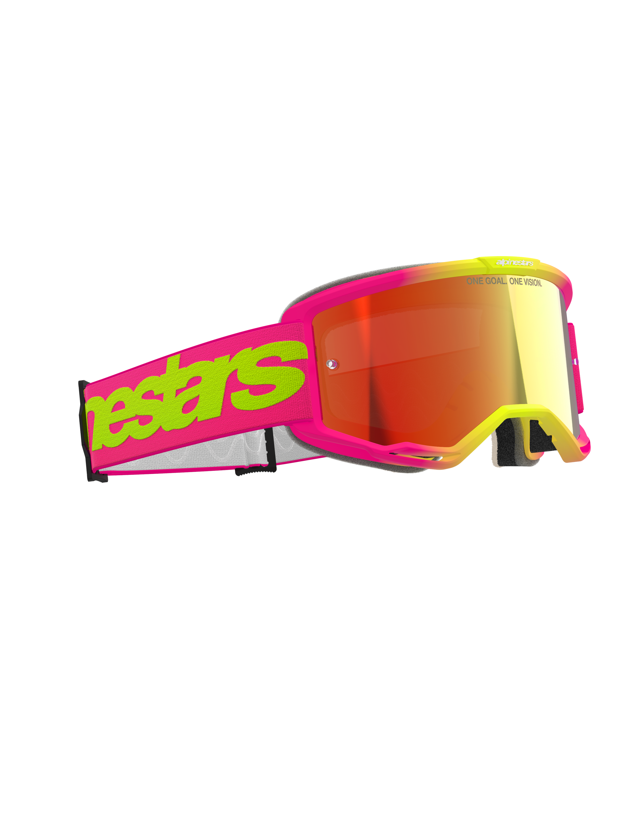 Masque Alpinestars Vision 5 Wordmark, masque de motocross, rose et jaune fluorescent avec lentille miroir rouge, logo imposant sur le bandeau, monture flexible, protection oculaire haute performance pour la course tout-terrain