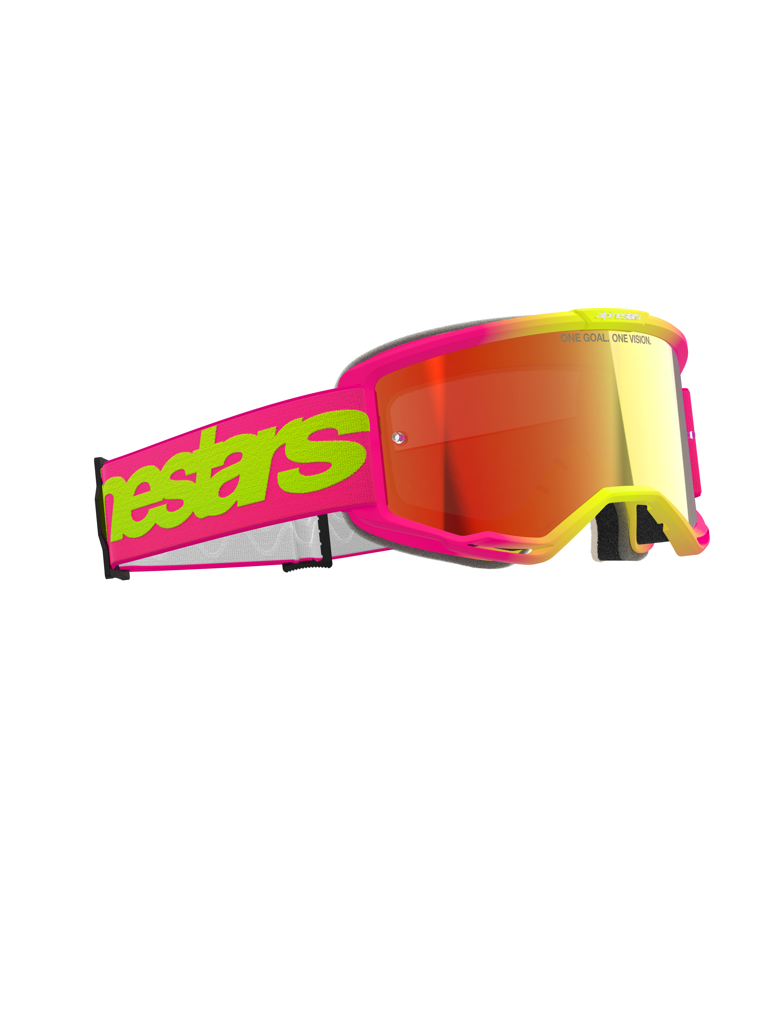 Masque Alpinestars Vision 5 Wordmark, masque de motocross, rose et jaune fluorescent avec lentille miroir rouge, logo imposant sur le bandeau, monture flexible, protection oculaire haute performance pour la course tout-terrain