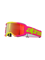 Masque Alpinestars Vision 5 Wordmark, masque de motocross, rose fluo et jaune, lentille miroir rouge, large sangle rose avec lettrage vert citron, design sportif pour la course tout-terrain