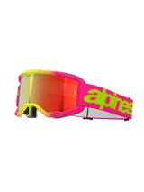 Masque Alpinestars Vision 5 Wordmark, masque de motocross, rose fluo et jaune, lentille miroir rouge, large sangle rose avec lettrage vert citron, design sportif pour la course tout-terrain