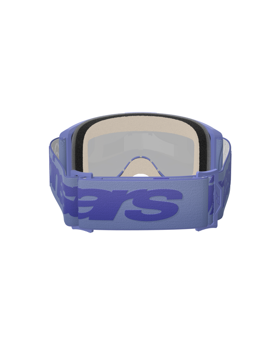 Masque Alpinestars Vision 5 Wordmark, masque de motocross, Pourpre Miroir Bleu, vue arrière montrant la mousse faciale multicouche épaisse et le bandeau réglable pourpre avec logo textuel bleu imposant, lunettes de protection haute performance pour la course tout-terrain
