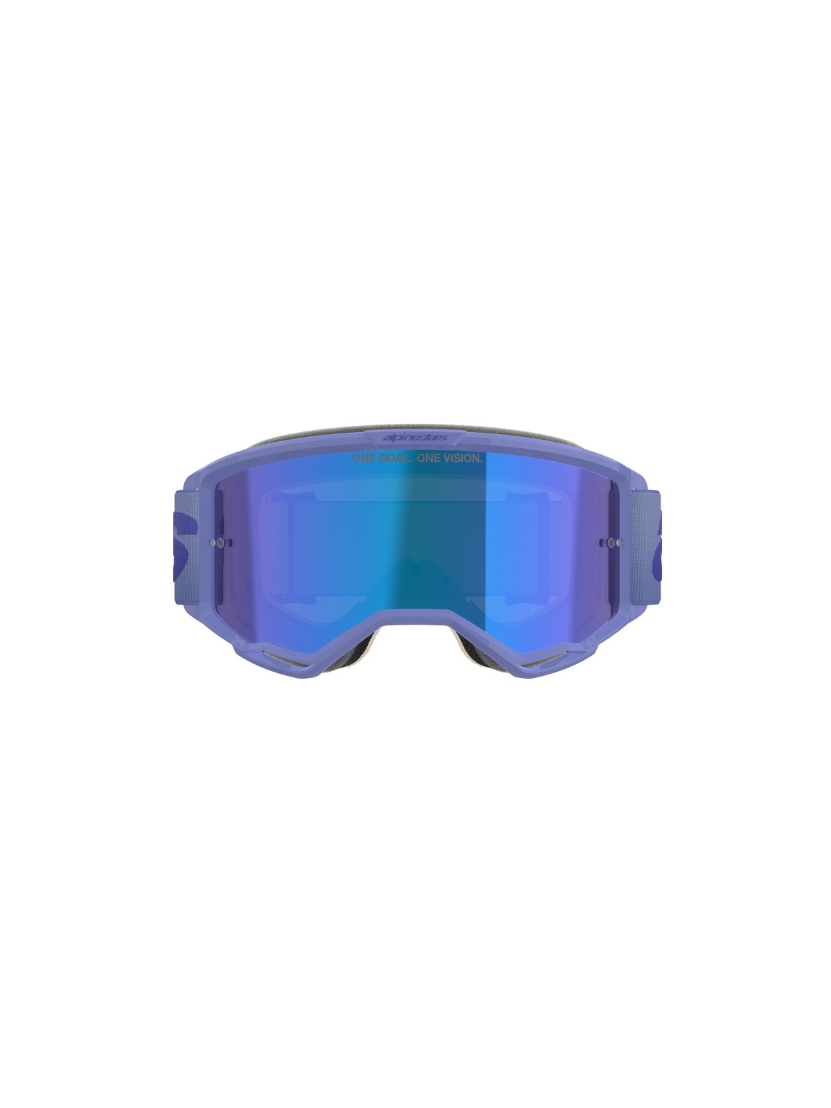 Masque Alpinestars Vision 5 Wordmark, masque de motocross, pourpre avec écran miroir bleu, vue de face offrant un large champ de vision, bandeau réglable et logo distinctif