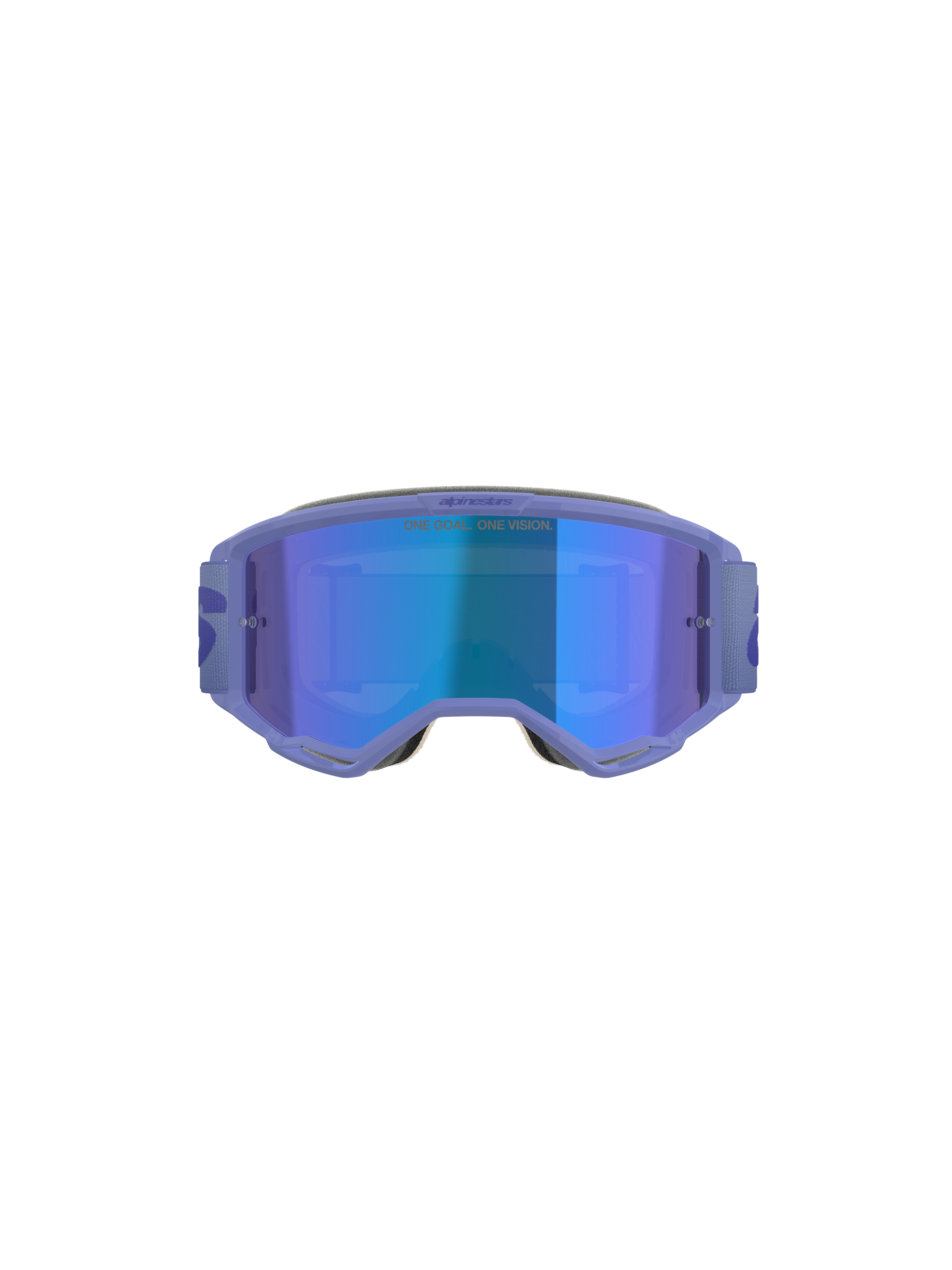 Masque Alpinestars Vision 5 Wordmark, masque de motocross, pourpre avec écran miroir bleu, vue de face offrant un large champ de vision, bandeau réglable et logo distinctif