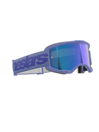 Alpinestars Vision 5 Wordmark Goggles, masque de motocross, pourpre miroir bleu, doté d'une monture pourpre avec écran bleu réfléchissant, large bandeau pourpre avec logo Alpinestars, design ergonomique pour la course tout-terrain