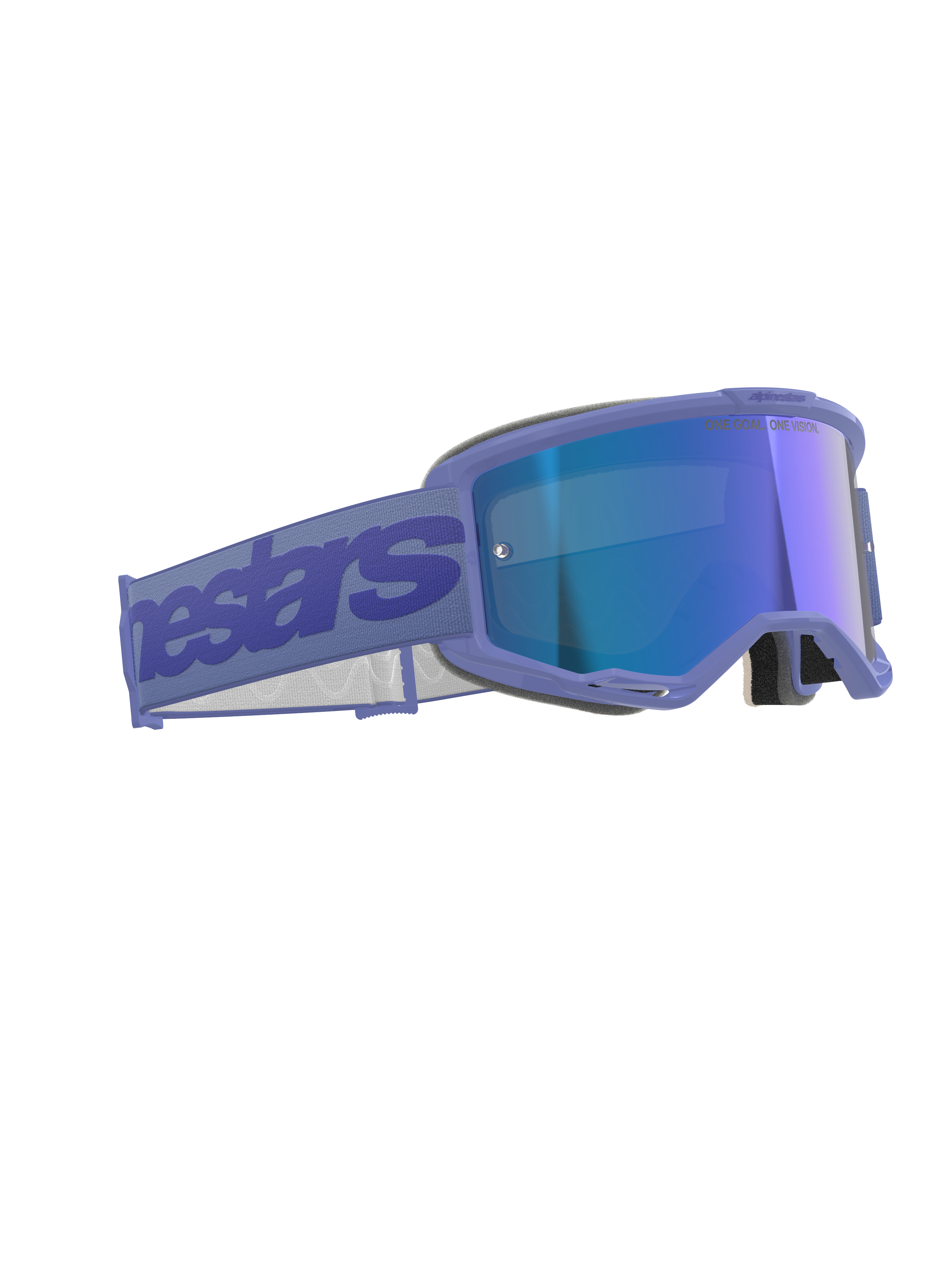 Alpinestars Vision 5 Wordmark Goggles, masque de motocross, pourpre miroir bleu, doté d'une monture pourpre avec écran bleu réfléchissant, large bandeau pourpre avec logo Alpinestars, design ergonomique pour la course tout-terrain