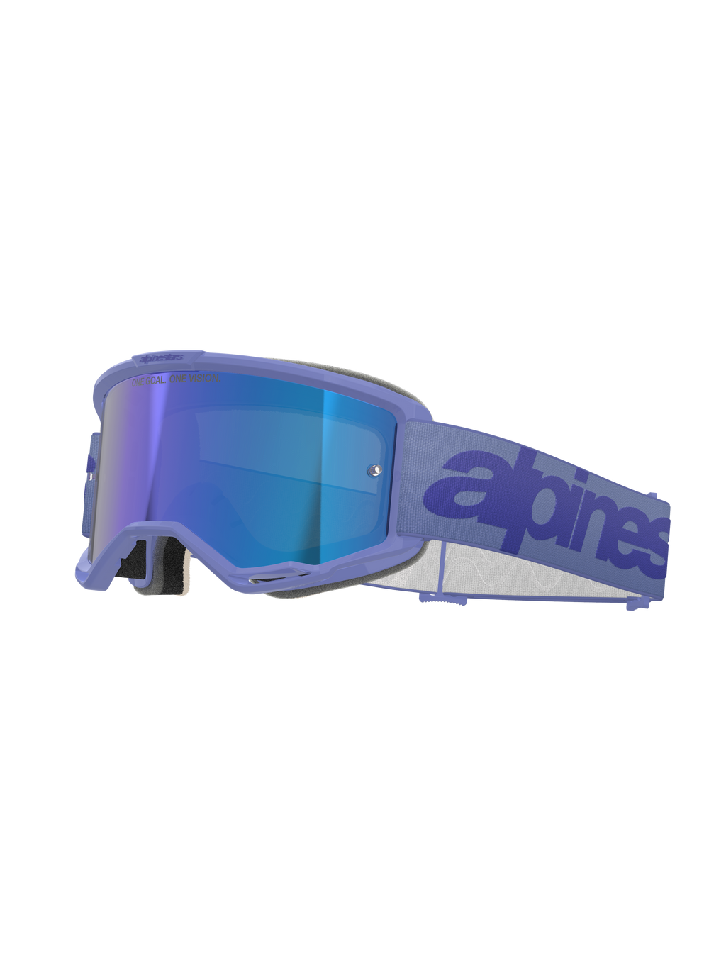 Masque Alpinestars Vision 5 Wordmark, masque de motocross, Pourpre Miroir Bleu, doté d'une monture pourpre et d'un écran miroir bleu, large sangle tissée pourpre avec logo Alpinestars bleu foncé, protection oculaire tout-terrain professionnelle