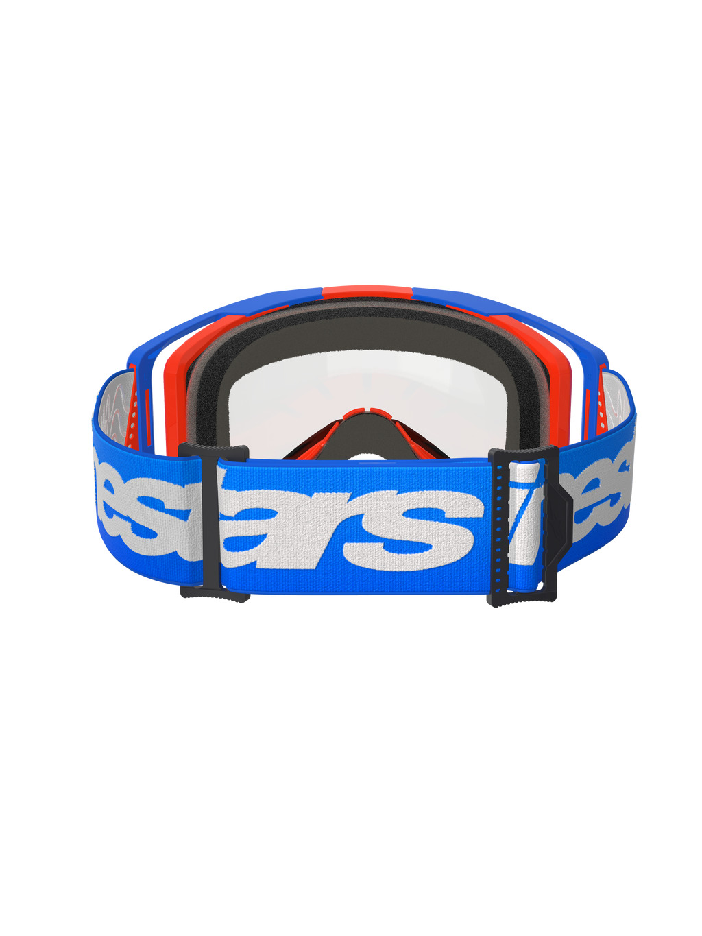 Masque Alpinestars Vision 8 Wordmark Double Paroi, masque de motocross, bleu, orange et transparent, vue arrière avec large bandeau bleu et logo Alpinestars blanc, mousse faciale multicouche noire et écran double paroi transparent