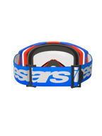 Masque Alpinestars Vision 8 Wordmark Double Paroi, masque de motocross, bleu, orange et transparent, vue arrière avec large bandeau bleu et logo Alpinestars blanc, mousse faciale multicouche noire et écran double paroi transparent