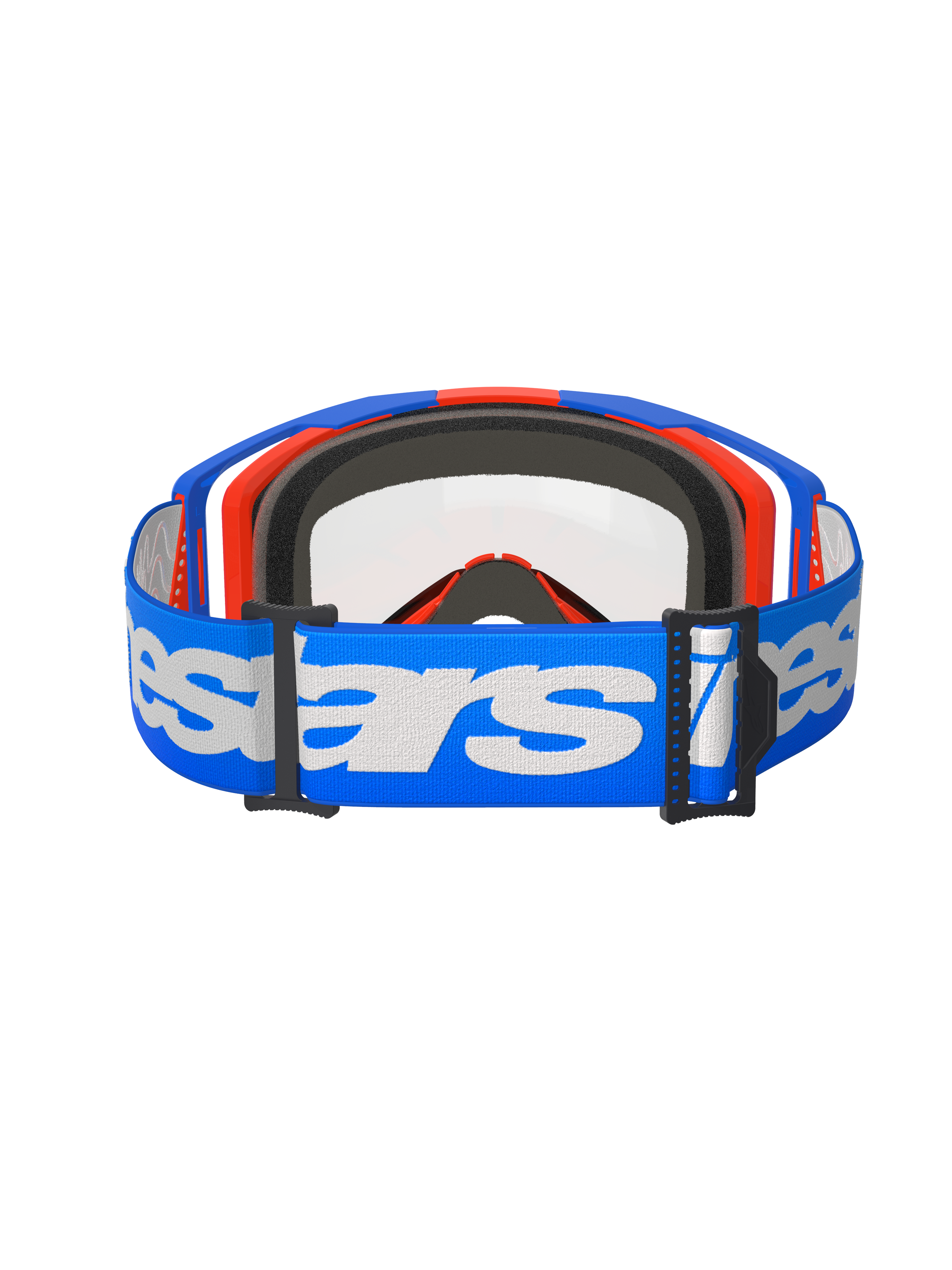 Masque Alpinestars Vision 8 Wordmark Double Paroi, masque de motocross, bleu, orange et transparent, vue arrière avec large bandeau bleu et logo Alpinestars blanc, mousse faciale multicouche noire et écran double paroi transparent