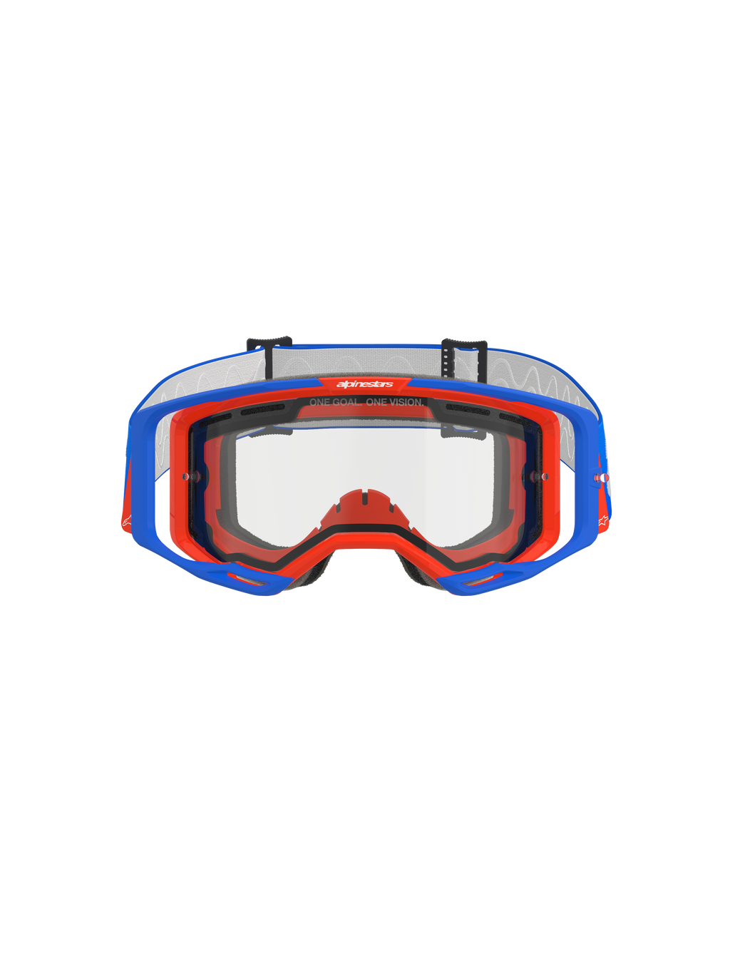 Masque Alpinestars Vision 8 Wordmark à double écran, masque de motocross, bleu et orange avec écran clair, vue de face présentant la monture A-FLEX et le double écran, avec le slogan « ONE GOAL. ONE VISION. » sur le bord supérieur, équipement de course tout-terrain haute performance