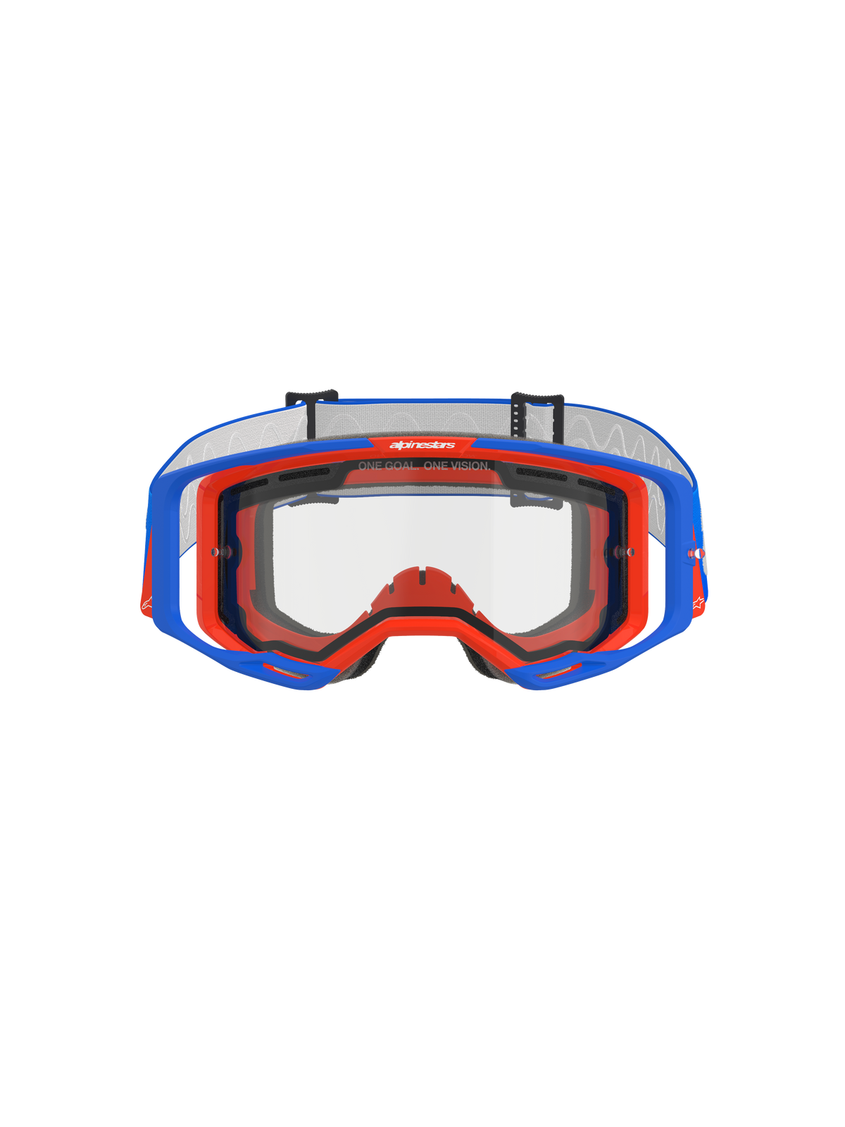 Masque Alpinestars Vision 8 Wordmark à double écran, masque de motocross, bleu et orange avec écran clair, vue de face présentant la monture A-FLEX et le double écran, avec le slogan « ONE GOAL. ONE VISION. » sur le bord supérieur, équipement de course tout-terrain haute performance