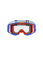 Masque Alpinestars Vision 8 Wordmark à double écran, masque de motocross, bleu et orange avec écran clair, vue de face présentant la monture A-FLEX et le double écran, avec le slogan « ONE GOAL. ONE VISION. » sur le bord supérieur, équipement de course tout-terrain haute performance