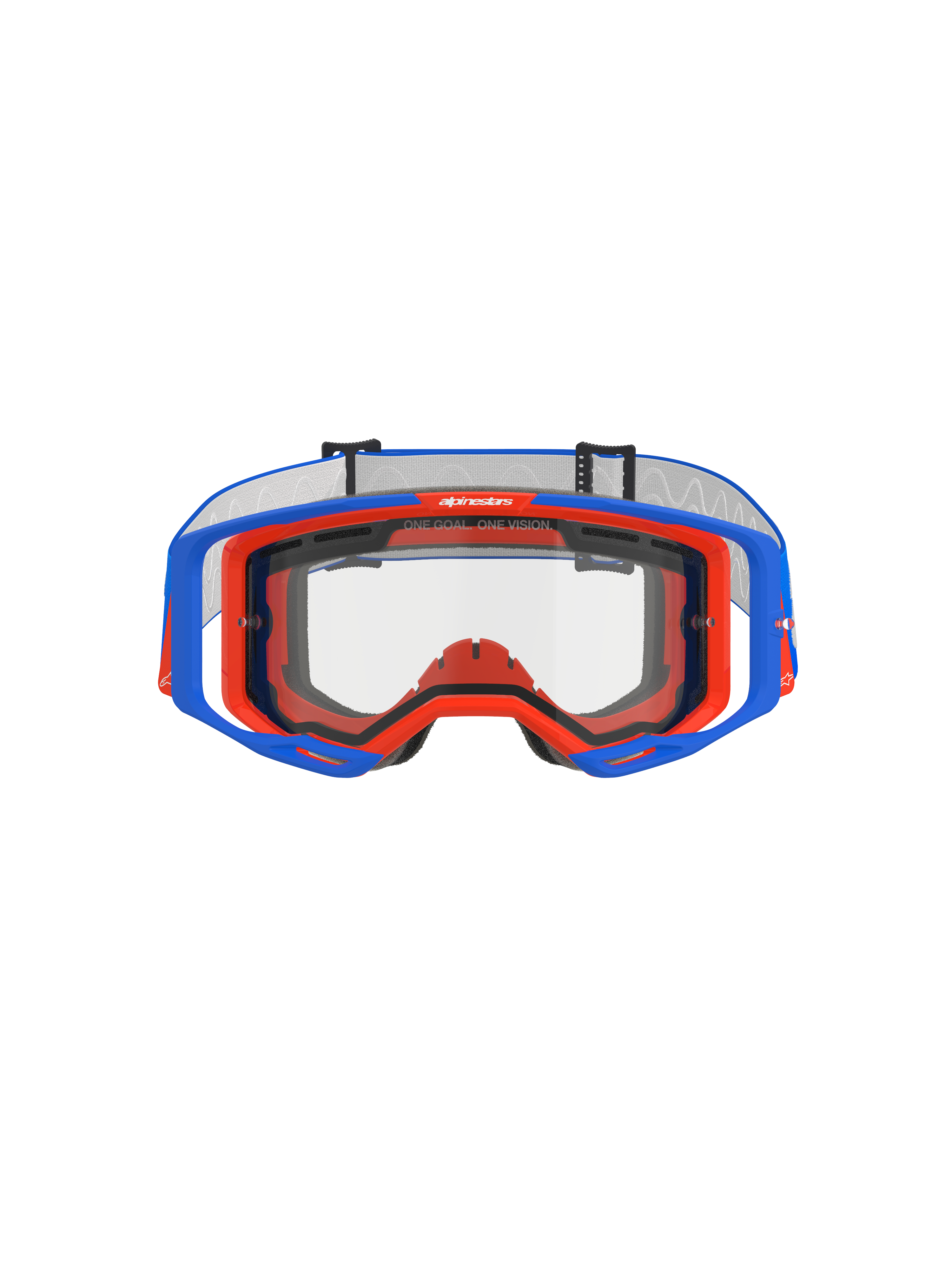 Masque Alpinestars Vision 8 Wordmark à double écran, masque de motocross, bleu et orange avec écran clair, vue de face présentant la monture A-FLEX et le double écran, avec le slogan « ONE GOAL. ONE VISION. » sur le bord supérieur, équipement de course tout-terrain haute performance