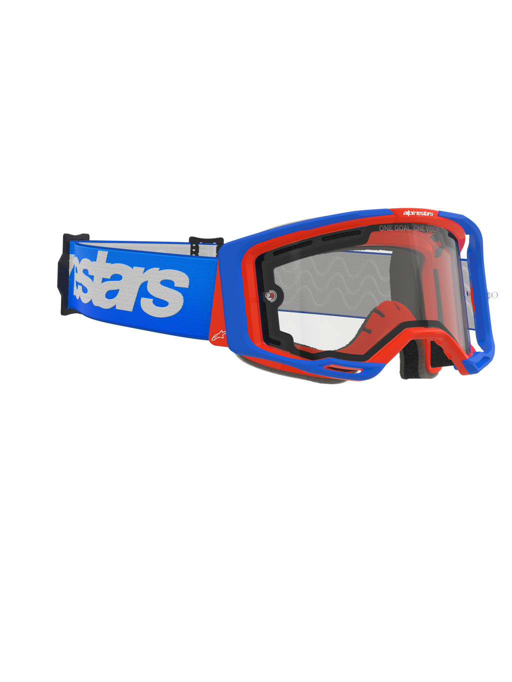 Alpinestars Vision 8 Wordmark Double Paroi, masque de motocross, bleu et orange avec écran clair, large bandeau bleu avec logo blanc imposant, design ergonomique pour la compétition tout-terrain