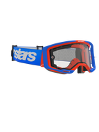 Alpinestars Vision 8 Wordmark Double Paroi, masque de motocross, bleu et orange avec écran clair, large bandeau bleu avec logo blanc imposant, design ergonomique pour la compétition tout-terrain