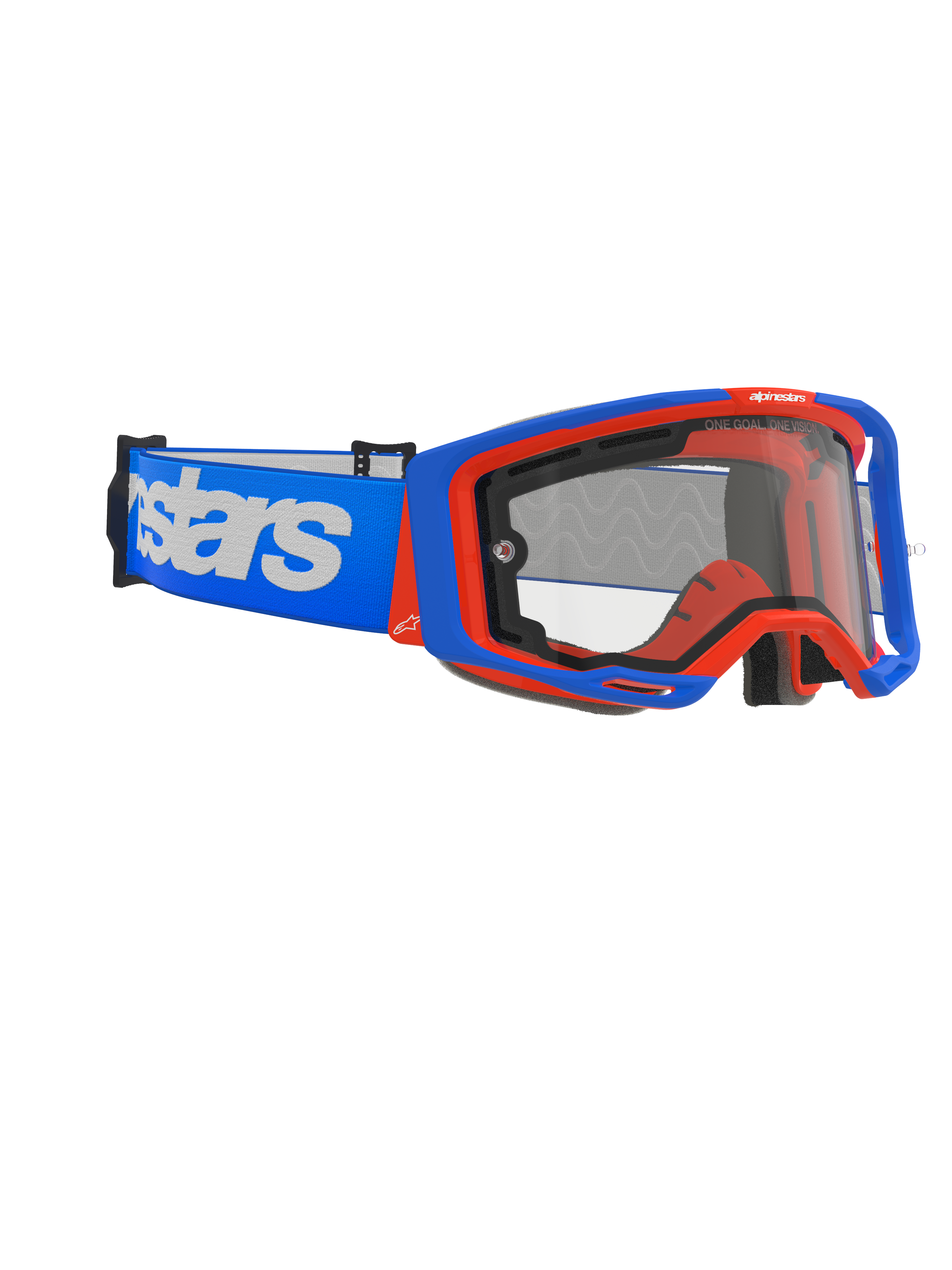 Alpinestars Vision 8 Wordmark Double Paroi, masque de motocross, bleu et orange avec écran clair, large bandeau bleu avec logo blanc imposant, design ergonomique pour la compétition tout-terrain