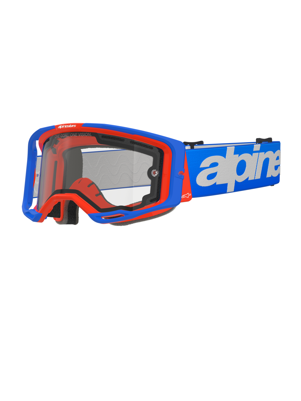 Alpinestars Vision 8 Wordmark Goggles Dual Pane, masque de motocross, bleu et orange, écran transparent à double paroi, sangle bleue avec marquage blanc, rembourrage en mousse noire, équipement de course tout-terrain